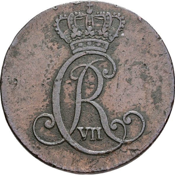 Christian VII, sechsling 1787, Altona / Poppenbüttel, Sieg 38, H 46, FP SH2.3, kv. 1+, ks. – ualmindelig variant uden ‘overligger’ på W.
