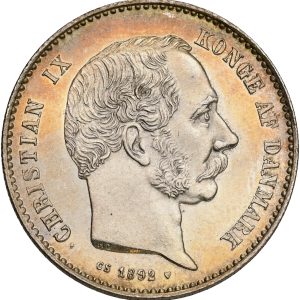 Christian IX, 1 krone 1892, Sieg 1.1, H 14A, kv. M-0, håndteringsspor.
