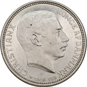 Christian X, 2 kroner 1916, Sieg 2, H 8, kv. 0-01 - medaljeprægskarakter på forsiden.
