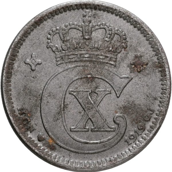 Christian X, 5 øre 1919, Sieg 3.3, H 15B, kv. 01, pletter – fejlmønt hvor bagsiden er drejet 90 grader.