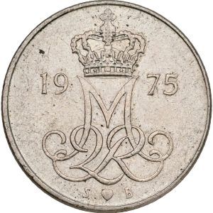 Margrethe II, 10 øre 1975, Sieg 15.1, kv. 1+ - fejlmønt hvor bagsiden er drejet 90 grader.