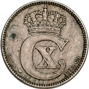 Christian X, 25 øre 1922, Sieg 3.3, H 11, kv. 1+, pletter.