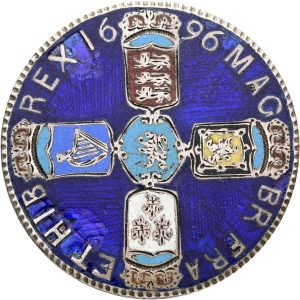 Great Britain, George III, Crown 1696, 27.01 g, tooled and enameled reverse, traces of mounting, chips in enamel.