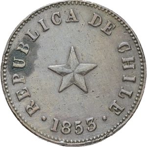 Chile, 1/2 Centavo 1853, KM 126, EF-VF, edge nicks, spot.