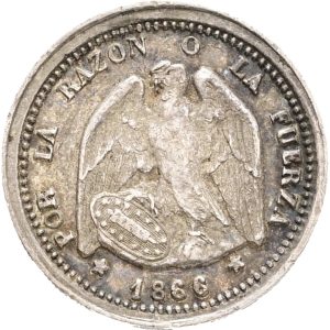 Chile, 1/2 Decimo 1866, KM 137.1, AU