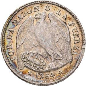 Chile, Un Decimo 1864, KM 136.1, prooflike UNC, minor traces of handling, plachet flaw.
