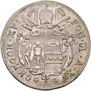 Papal States, Gregorius XVI, 5 Baiocchi 1845, KM 1321, VF, straightened.