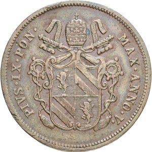 Papal States, Pius IX, 2 Baiocchi 1850 R, without initials, KM 1344, VF, lightly cleaned.