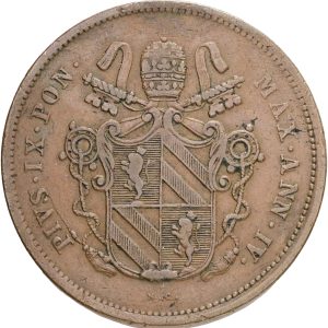 Papal States, Pius IX, 2 Baiocchi 1850, KM 1344, VF, small edge nicks.