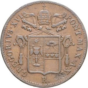 Papal States, Gregorius XVI, Baiocco 1844 R, KM 17, VF