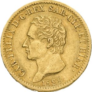 Italy, Sardinia, Carlos Felice, 20 Lire 1828 L, KM 118, F 1136, VF
