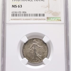 France, 1 Franc 1918, KM 844.1, graded MS 63 by NGC.