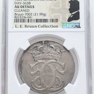 Christian V, 4 mark / krone 1685, Sieg 40.2, H 79, Aagaard 33, LEB 7002, graderet AU details cleaned af NGC, ex. L.E. Bruun, original LEB-etiket medfølger.