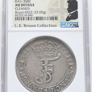 Frederik III, 4 mark / krone 1666, Sieg 60, H 116, Aagaard 86.14, LEB 6522, forsiden har prik efter '1666', graderet AU details cleaned af NGC, ex. L.E. Bruun, ex. Brahesmindesamling (privet salg 1922), ex. Frederik Chr. Bech samling (København - 1906) Lot 577, original LEB-etiket medfølger.