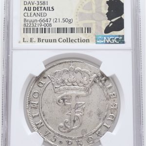 Frederik III, 4 mark / kroner 1668, Sieg 59.1, H 113A, Aagaard 117.1 (68-GK9/68-GK14), LEB 6647, graderet AU details cleaned af NGC, ex. L.E. Bruun, ex. Brahesmindesamling (privat salg 1922), original LEB-etiket medfølger.