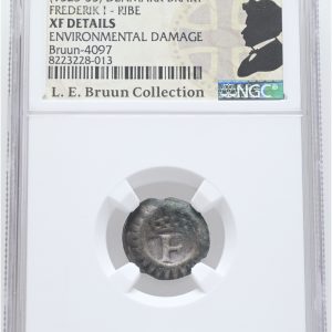 Frederik I, blaffert u. år (1523-1533), Sieg 1, G 79, LEB 4097, graderet XF details environmental damage af NGC, ex. L.E. Bruun, original LEB-etiket medfølger.