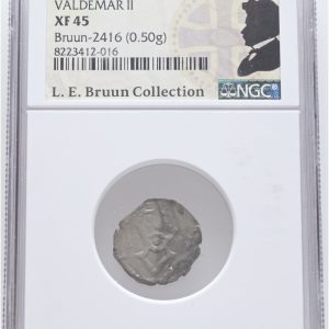 Valdemar II Sejr, Nørrejylland, penning u. år (1202-1241), 0,5 g, Hauberg GF12,  Galster GF14, LEB 2416, graderet XF 45 af NGC, ex. L.E. Bruun, ex. Grenåfundet (1910), original LEB-etiket medfølger.