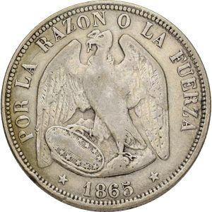 Chile, 50 Centavos 1865, KM 134, VF-F, edge nicks.