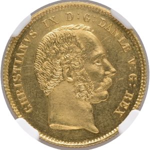 Christian IX (1863-1906), Christian d'or 1869, København, H 2, Sieg 6, graderet MS 63 af NGC. Danmarks sjældneste d'or-type produceret i kun 539 eksemplarer, hvoraf de 500 var til Kongehuset. Udmøntningen foregik fra den 28. juni til den 3. juli 1869.