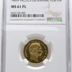 Christian IX (1863-1906), Christian d'or 1869, København, H 2, Sieg 6, NGC MS 61 PL. Danmarks sjældneste d'or-type produceret i kun 539 eksemplarer, hvoraf de 500 var til Kongehuset. Udmøntningen foregik fra den 28. juni til den 3. juli 1869. Sælges i samarbejde med Westjysk Coins.