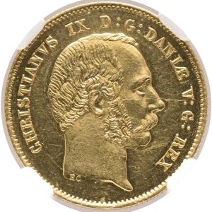 Christian IX (1863-1906), Christian d'or 1869, København, H 2, Sieg 6, graderet MS 61 PL af NGC. Danmarks sjældneste d'or-type produceret i kun 539 eksemplarer, hvoraf de 500 var til Kongehuset. Udmøntningen foregik fra den 28. juni til den 3. juli 1869. Sælges i samarbejde med Westjysk Coins.