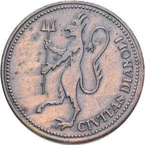 Anholt, satanmønt, 13. maj 1973, Ae, 31 mm, 10,62 g. Fundet ved San Benedetto klosteret (også kendt som Sacro Speco (Hellig Grotte)) i Subiaco, Italien, før 2022.