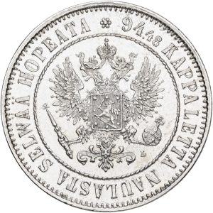 Finland, Alexander III, 1 Markka 1890 L, KM 3.2, AU, prooflike character, slightly wiped on reverse.