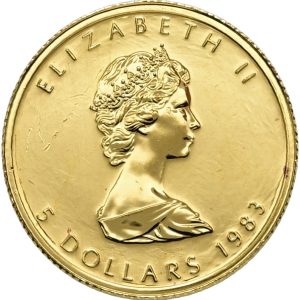 Canada, Elizabeth II, 5 Dollars 1983, Maple Leaf, Au, 3.11 g 999.9/1000, F B4, KM 135, UNC, a few minor scratches on obverse.