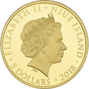 Niue, Elizabeth II, 5 Dollars 2018, Au, 3.11 g 999.9/1000, KM 3044, Proof.