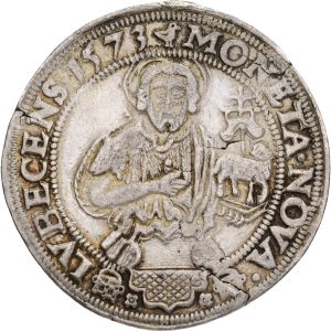 German States, Lübeck, Maximilian II, 1/2 Reichstaler (16 Schilling) 1573, Behrens 205, planchet cracks, tooled in fields, traces of mounting, EF.