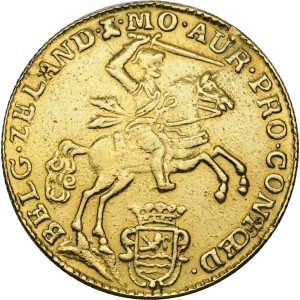 Netherlands, Zeeland, 14 Gulden 1760, 'Goldenrijder', Au, 9.81 g (917/1000), KM 97, F 313, VF, traces of mounting, polished.