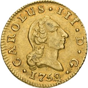 Spain, Carlos III, 1/2 Escudo 1759 MJP, Au, 1.7 g (917/1000), KM 389.1, F 278, VF