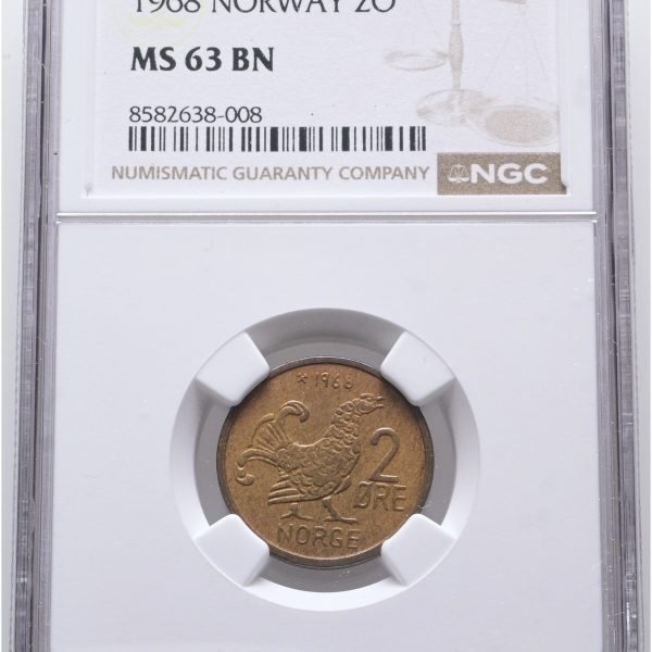 Norge, Olav V, 2 øre 1968, særdeles attraktivt eksemplar, NM 119, NGC MS 63 BN