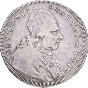 Papal States, Benedict XIV, Scudo anno XIV (1753), KM 1180, VF-F