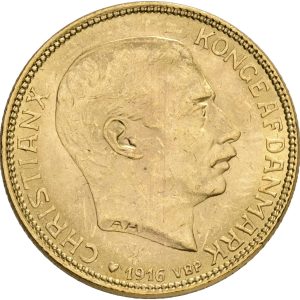 Christian X, 20 kroner 1916, Sieg 3.1, H 1A, F 299, kv. 01, håndteringsspor.