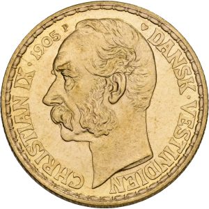 Dansk Vestindien, Christian IX, 20 francs / 4 daler 1905, H 30, Sieg 31, KM 72, kv. 0-01, medaljeprægskarakter.