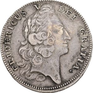 Frederik V, krone 1747, Sieg 9, H 29A, kv. 1+-1/1+, randskrift: TIL SEIR OG FORSUAR