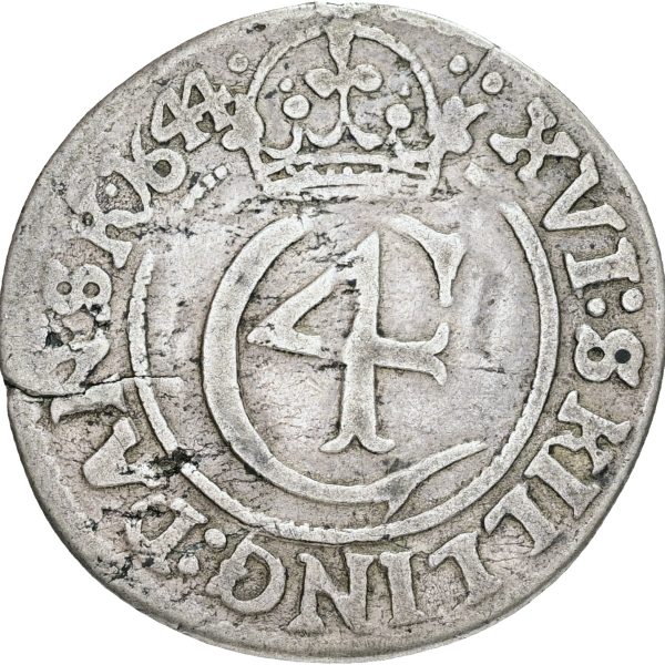 Norge, Christian IV, 16 skilling / mark 1644, NMD 117, Sieg 6 H 20, kv. 1+-1, blanketrevne, små monteringsspor på rand.