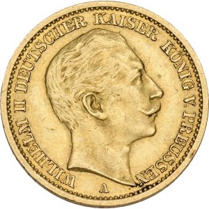 Germany, Prussia, Wilhelm II, 20 Mark 1907 A, Au, 7.96 g 900/1000, KM 521, F 3831, VF