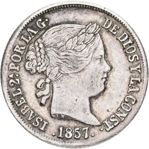 Spain, Isabella II, 2 Reales 1857, Seville, KM 607, VF-F