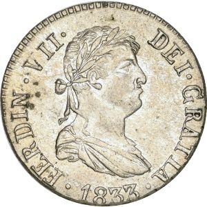 Spain, Ferdinand VII, 2 Reales 1833 M AJ, KM 460, UNC, contemporary counterfeit, 4.67 g, rare in this condition..