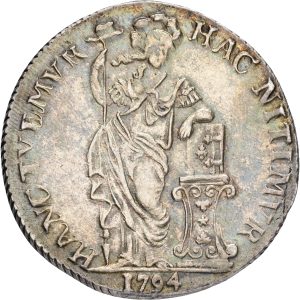 Netherlands, West Friesland, 3 Gulden 1794, KM 141, AU, traces of mounting on edge.