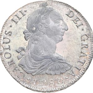Peru, Carlos III, 8 Reales 1780 LIMAE MI, KM 78, UNC, lustrous, beautifully toned, small scrathes below portrait.