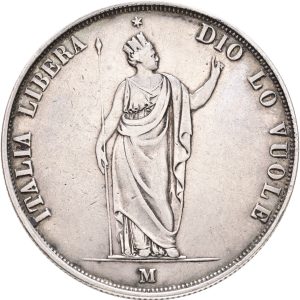 Italy, Lombardy. 5 Lire 1848 M, C 22, VF, lightly cleaned.