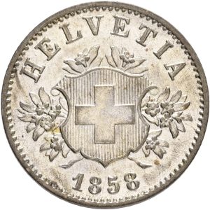 Switzerland, 20 Rappen 1858 B, HMZ 2-1207, KM 7, UNC