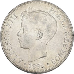 Spain, Alfonso XIII, 5 Pesetas 1896 PGV, KM 707, AU