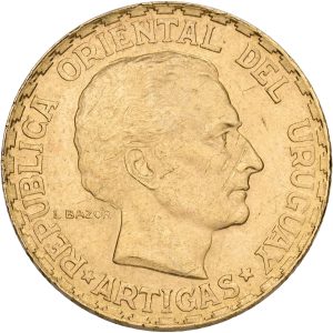 Uruguay, 5 Pesos 1930, Au, 8,48 g 917/1000, F 6, KM 27, EF