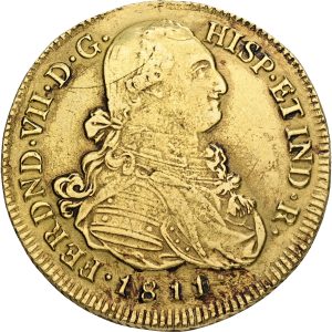 Columbia, Ferdinand VII, 8 Escudos 1811 P JF, overdate on 1810, Au 27.27 g 875/1000, F 61, KM 66.2, VF