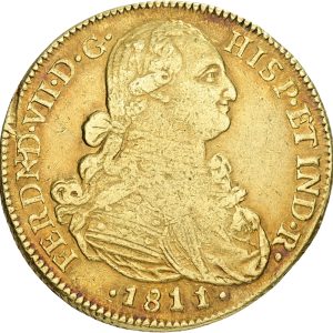 Columbia, Ferdinand VII, 8 Escudos 1811 NR JF, overdate on 1810, Au 26.95 g 875/1000, F 60, KM 66.1, VF