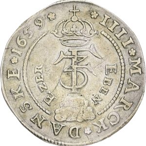 Frederik III, 4 mark / krone, Eben Ezer, Sieg 53.1, H 100A, Aagaard 76.1, kv 1+, ridse.